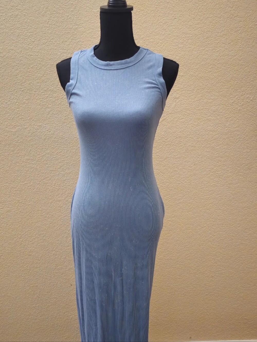 Sleeveless Light Blue Ribbed Maxi Dress — Classic Slim Silhouette